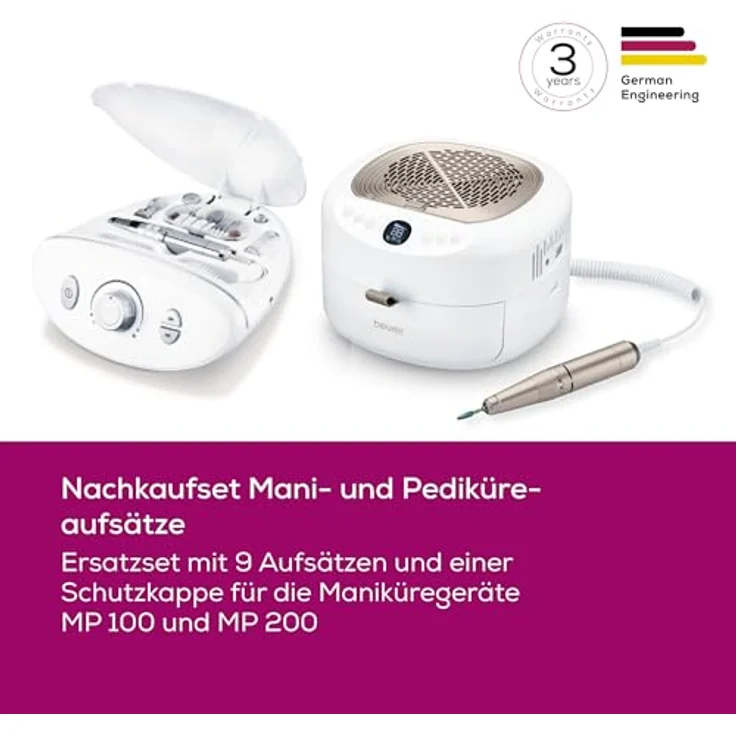 Beurer MP 100/MP 200 Nachkaufset, 10 Nagelfräser Aufsätze aus Saphir, Keramik und Filz, 30 Einwegaufsätze aus Sandpapier, mit Schutzkappe für Nagelstaub – Bild 2
