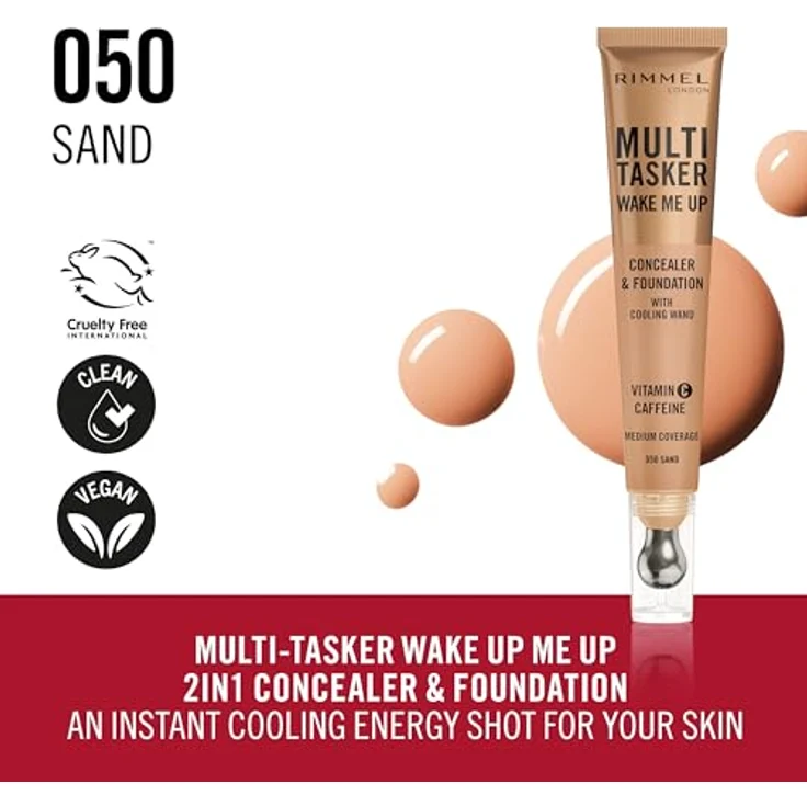 Rimmel Multi-Tasker Wake Me Up Concealer & Foundation – 50 – Sand, 20 ml - Müde Haut aufhellen und korrigieren, mit Koffein und Vitamin C – Bild 5