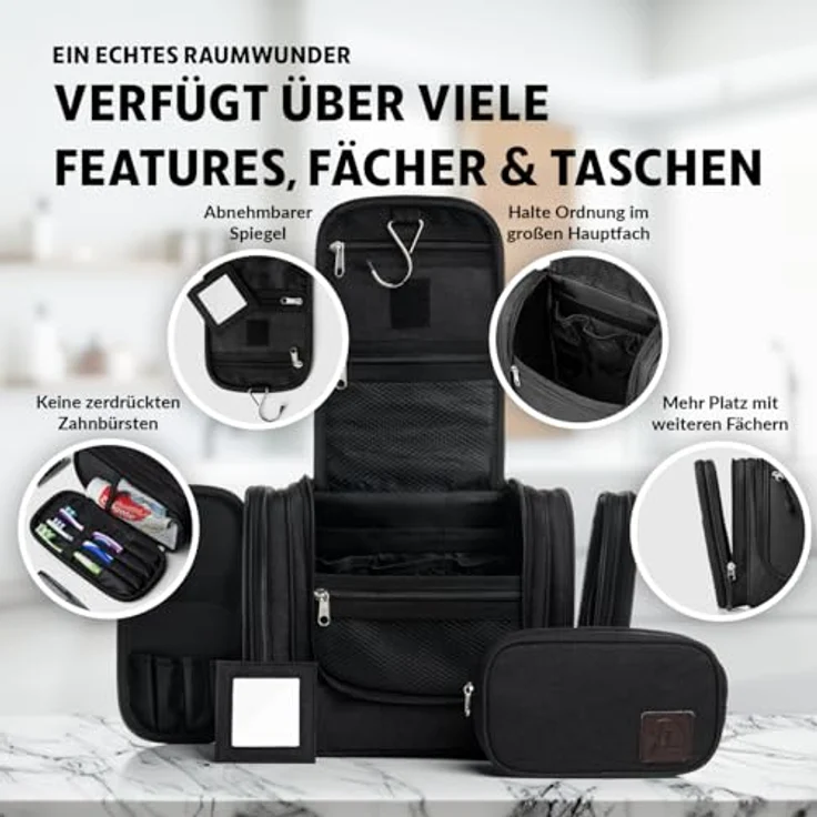 Obics Kulturbeutel Damen & Herren Gross schwarz 8L XXL - Kulturtasche zum Aufhängen, mit Spiegel - Outdoor Kosmetik-Tasche groß als Geschenke-Set mit 10 Fächer für Camping & Reisen – Bild 2