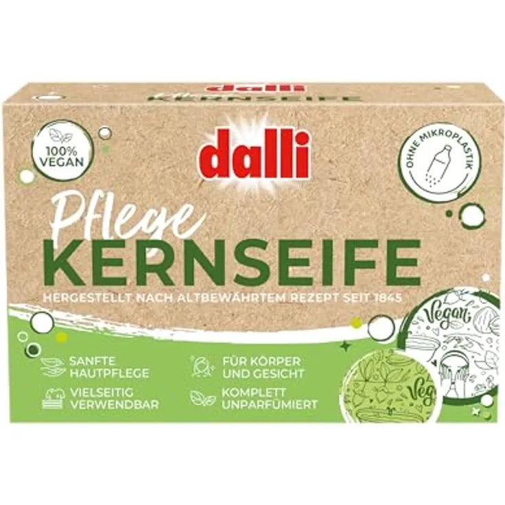 Dalli Pflanzliche Kernseife, 125 g in Faltschachtel, sanfte parfumfreie Gesichts- und Körperreinigung mit Kokosnuss- und Jojoba-Öl für empfindliche Haut