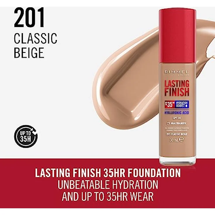 Rimmel London Lasting Finish 35H 201 Classic Beige Foundation, langanhaltend, feuchtigkeitsspendend, vegane Formel, hohe Deckkraft, 30 ml – Bild 2