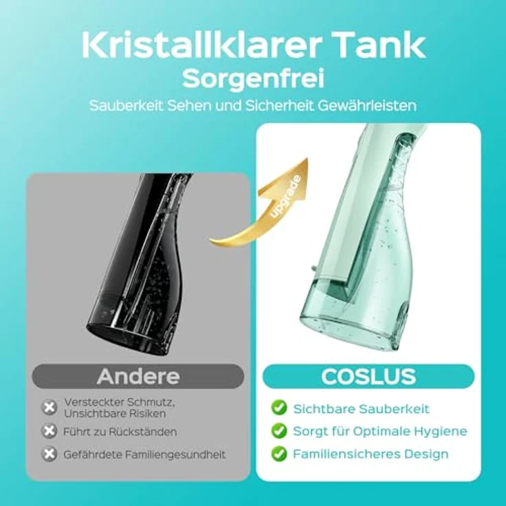 COSLUS C20 (F5020E) Munddusche, kabellos, 300ml Wassertank, IPX7 wasserdicht, 5 Multifunktionale Jet-Tipps, 30 Tage Akkulaufzeit, für tägliche Tiefenreinigung – Bild 5