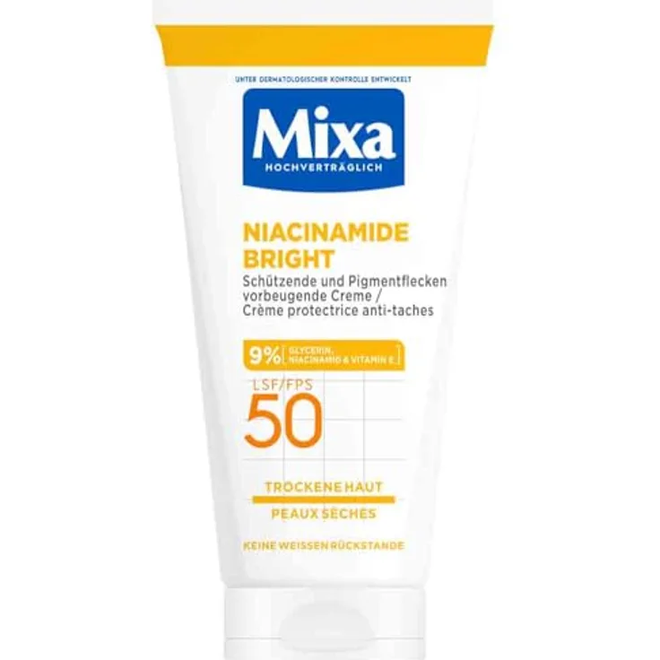 Mixa schützende & Pigmentflecken vorbeugende Creme LSF 50, Hypoallergen, für trockene Haut, Niacinamide Bright, 50 ml