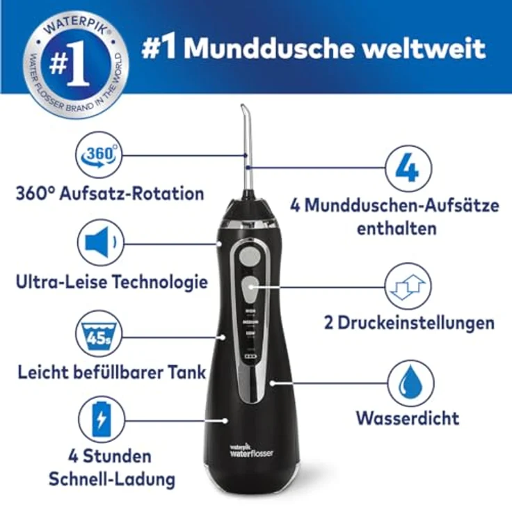 Waterpik Cordless Advanced Munddusche, kabellos, Testsieger 2024, Precision Pulse Technology, bis zu 99,9 % Plaque Entfernung, 4x Aufsätze, 3 Modi, Induktionsladesystem, Schwarz – Bild 2