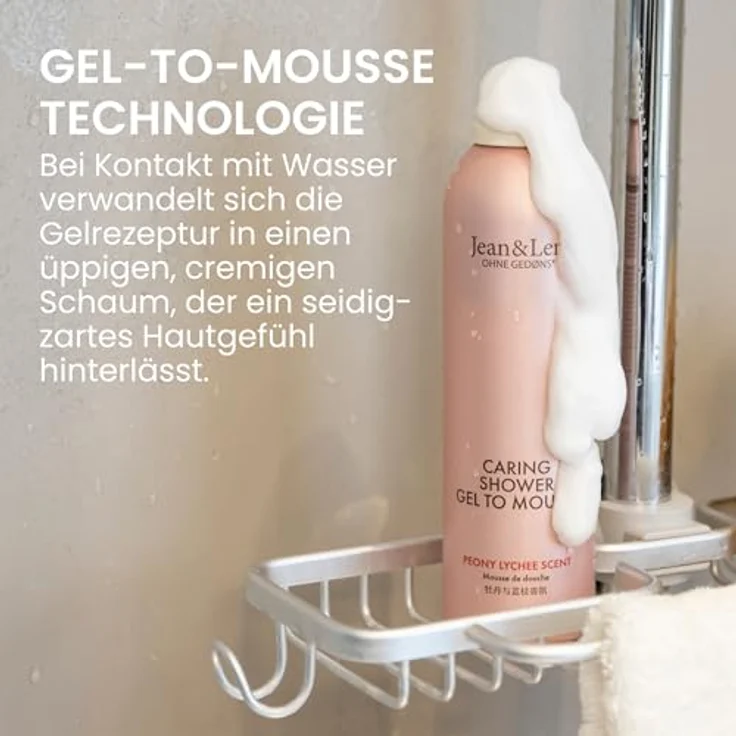 Jean & Len Caring Shower Gel To Mousse Peony & Lychee, Duschschaum mit Mandel-, Jojoba- und Babassuöl, für normale Haut, ohne Parabene & Silikone, vegan, 200 ml – Bild 4