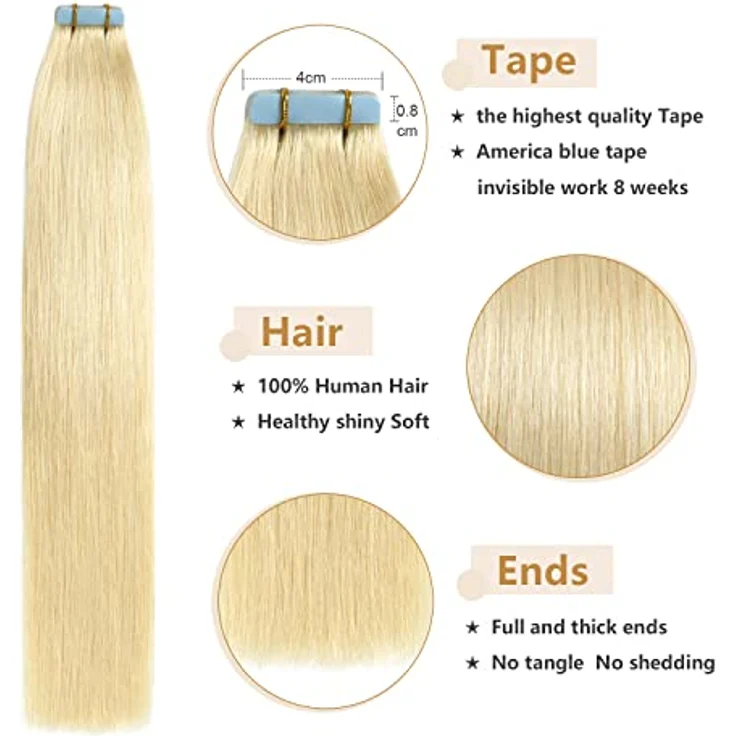 YILITE Tape Extensions Echthaar 35cm #613 Bleichblond, 20 Stück/Packung, 40g, unsichtbare, seidig gerade Haarverlängerungen – Bild 3