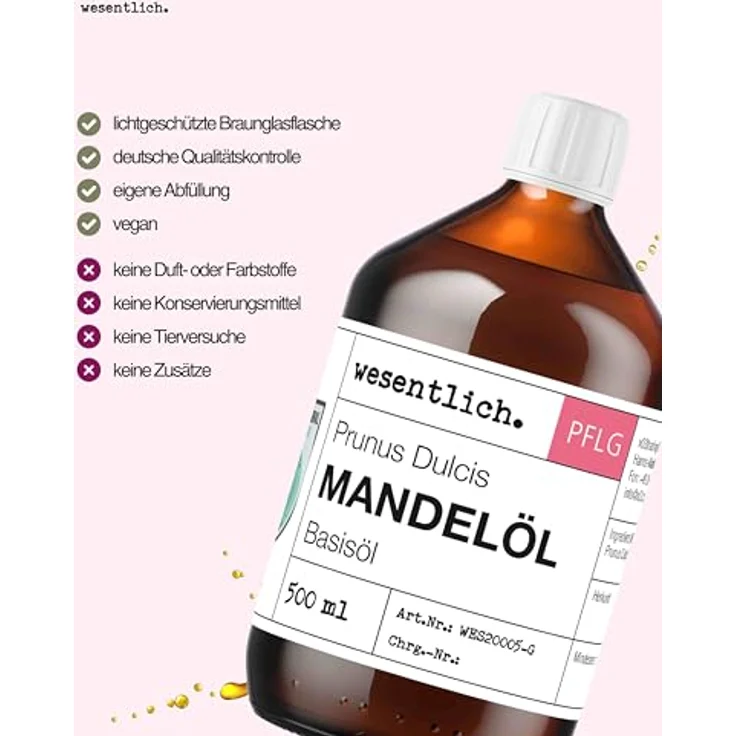wesentlich. Mandelöl 500ml - 100% reines Basisöl für Haut, Haar und Gesicht - perfekte natürliche Pflege ohne Zusatzstoffe – Bild 3