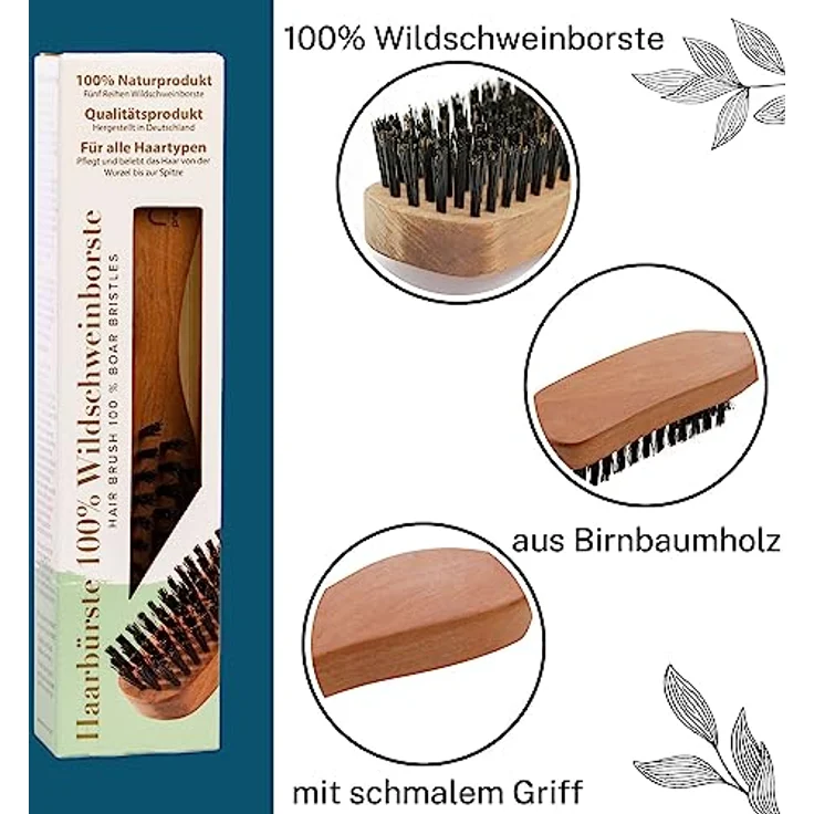 remos professional body care REMOS Haarbürste, 100% Wildschweinborste aus Birnbaumholz, schmaler Griff, ergonomisches Design, plastikfrei – Bild 2