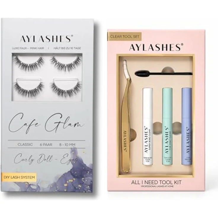 AYLASHES DIY Wimpernextensions Starter Set CAFE GLAM | 6 Paar Wimpern (8-10mm), Applikator, Wimpernkleber, Top Coat Sealer transparent, Lash Remover, bis zu 7 Tage Halt – Bild 1