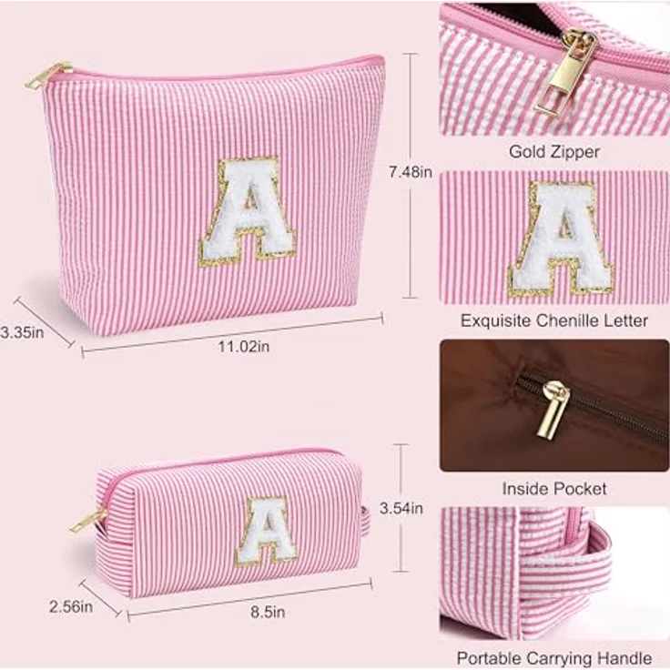 Parima Buchstaben Kosmetiktasche Mädchen - 2er Set Rosa mit Buchstaben C, große und kleine Make-up-Tasche mit praktischem Tragegriff und mehreren Fächern – Bild 4