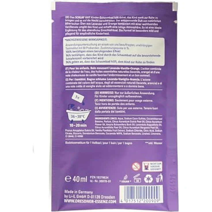 Dresdner Essenz Schaumbad Schlaf gut – Mit Lavendel, Orange & Vanille, beruhigend & vegan, für Kinder ab 3 Jahren, 40 ml – Bild 2