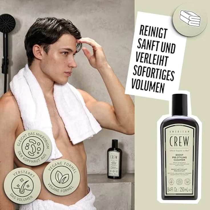AMERICAN CREW Boost Pre-Styling Shampoo, 250 ml, Volumenshampoo für Männer, veganes Haarshampoo für feines, dünnes oder plattes Haar, Pre-Haarstyling für mehr Volumen & Fülle – Bild 4