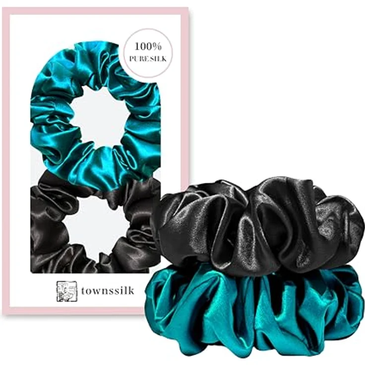 townssilk Seiden Scrunchie 2er-Set, 100% Maulbeerseide 6A/22 Momme, OEKO-TEX® zertifiziert, haarschonend, elastisch ohne Abdrücke, schwarz & Pfauenblau – Bild 1