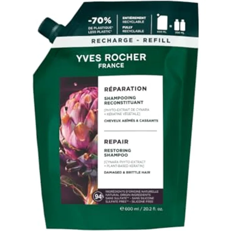 Yves Rocher Reparierendes Shampoo für geschädigtes Haar, 79x stärkere Haarstruktur, ohne Sulfate und Silikone, mit Cynara und pflanzlichem Keratin, 600 ml Refill