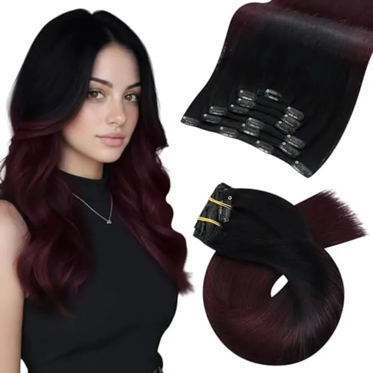 Moresoo Clip in Extensions Echthaar 60 cm, 7 Stück 120g, Schwarz und Weinrot #1B/99J, Weiches Glattes Haar, Salon Qualität, Langlebig und Leicht zu Tragen