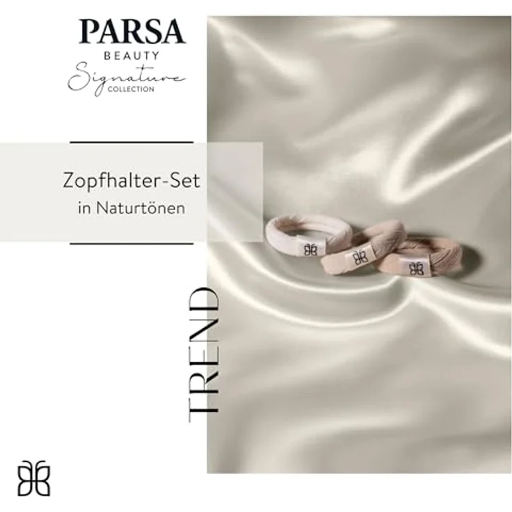 PARSA Beauty Signature Zopfhalter, mehrfarbige Haargummis in Nude-Tönen, sanfte Struktur, sicherer Halt ohne Haarbruch, mit Satinbanderole und Signature Icon – Bild 2