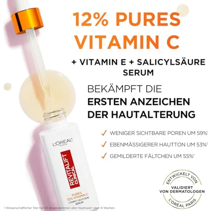 L'Oréal Paris Pures 12% Vitamin C Serum für Frauen: verbessertes Hautbild mit 12% Pure Vitamin C + Vitamin E + Salicylsäure, Revitalift Clinical, 1x 30ml – Bild 2