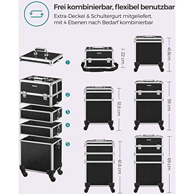 SONGMICS Alu Trolley, Kosmetikkoffer mit Rollen, Friseurkoffer, Schminkkoffer ohne Inhalt, Handgepäck, Beauty Case, 4 in 1, XXL, schwarz JHZ06B - Robuster Beauty Case mit Aluleiste, geräumige Aufteilung und Abschließfunktion – Bild 5