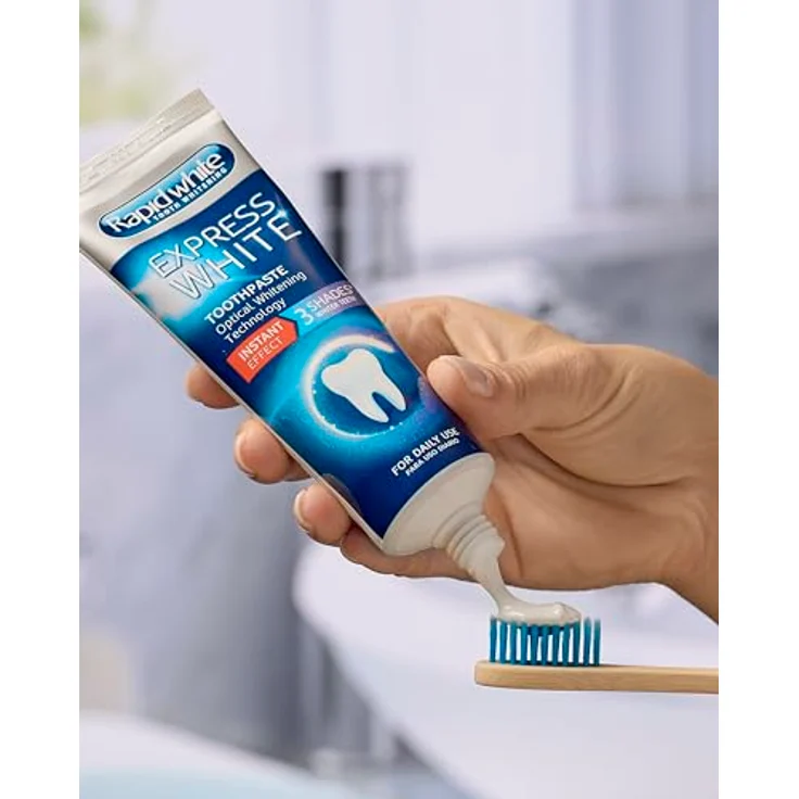 RAPIDWHITE Rapid White Zahnaufhellende Zahnpasta Express White, für bis zu 3 Töne weißer, stärkt den Zahnschmelz, schützt vor Karies, Minzgeschmack, klinisch getestet, 75 ml – Bild 3