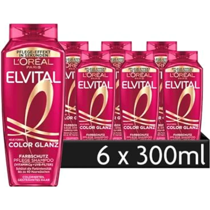 L'Oréal Paris Elvital Color Glanz Farbschutz Shampoo, mit Pfingstrosenextrakt, Leinsamenöl und UVB-Filter, für coloriertes und gesträhntes Haar, 6 x 300 ml