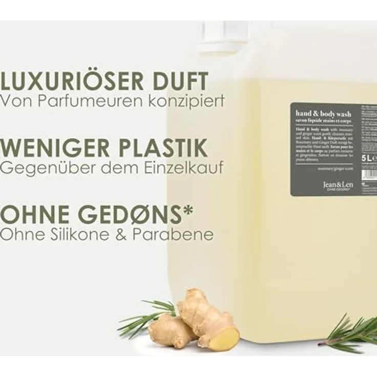Jean & Len Hand & Body Wash Rosemary und Ginger, Flüssigseife im 5L Nachfüllkanister, ohne Silikone, Parabene & Mikroplastik, würzig-frischer Duft – Bild 2