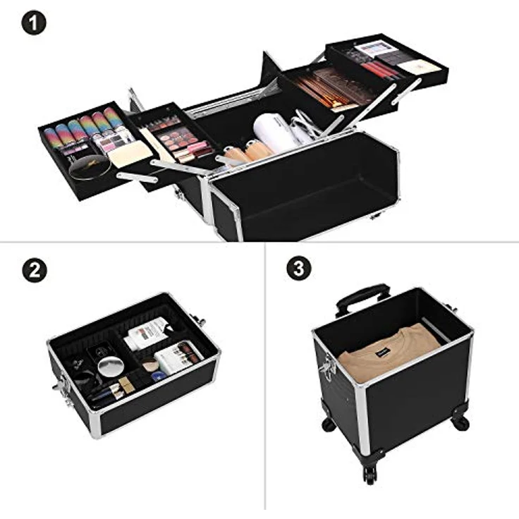 SONGMICS Kosmetikkoffer, Trolley, 3-in-1 Schminkkoffer, groß, abschließbar, 360° drehbare Rollen, für Reisen, schwarz JHZ01B – Bild 3