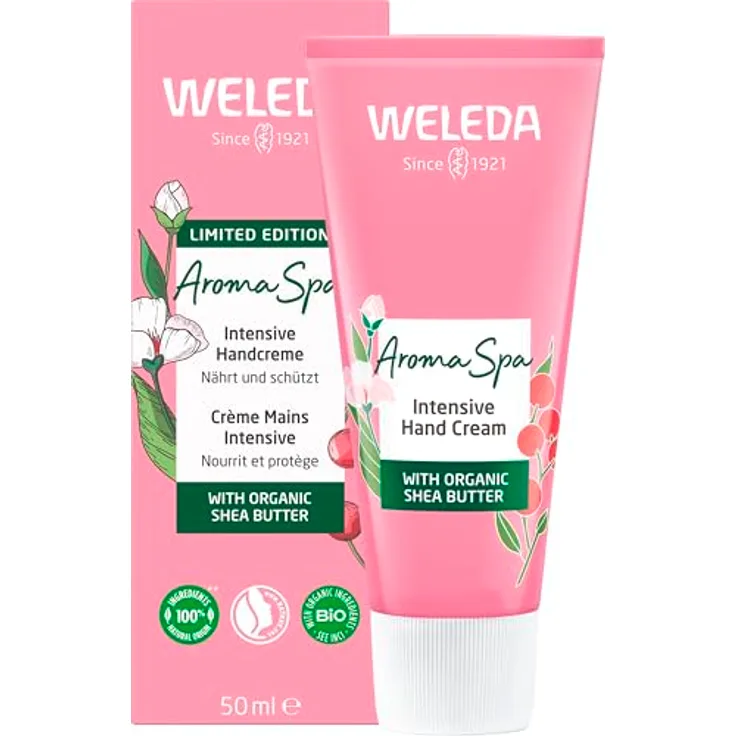 WELEDA Bio Handcreme Aroma Spa vegan - Naturkosmetik Sheabutter Handpflege Creme für raue Hände, 50ml