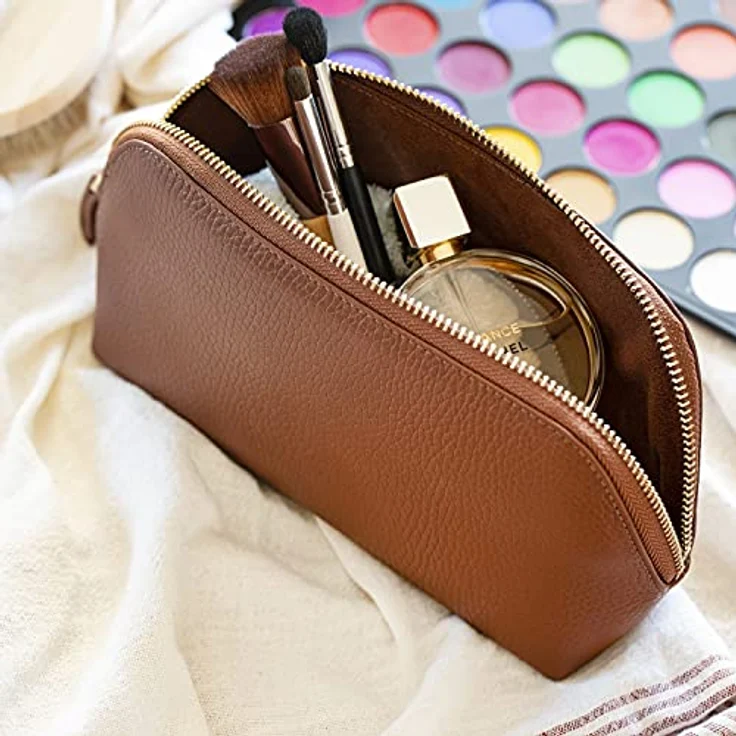 Londo Echtleder Kosmetiktasche, Schminktasche, Make up Tasche für Damen, Mädchen - Sonderfach mit Reisverschluss (Hellbraun) – Bild 4