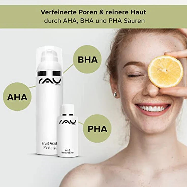 RAU Cosmetics AHA + 2% BHA Fruchtsäurepeeling Fruit Acid Peeling 100 ml - Skincare Peeling gegen Mitesser, Unreine, Reife Trockene Haut & bei Neurodermitis - Mandelsäure, Salicylsäure & Lactobionsäure – Bild 4