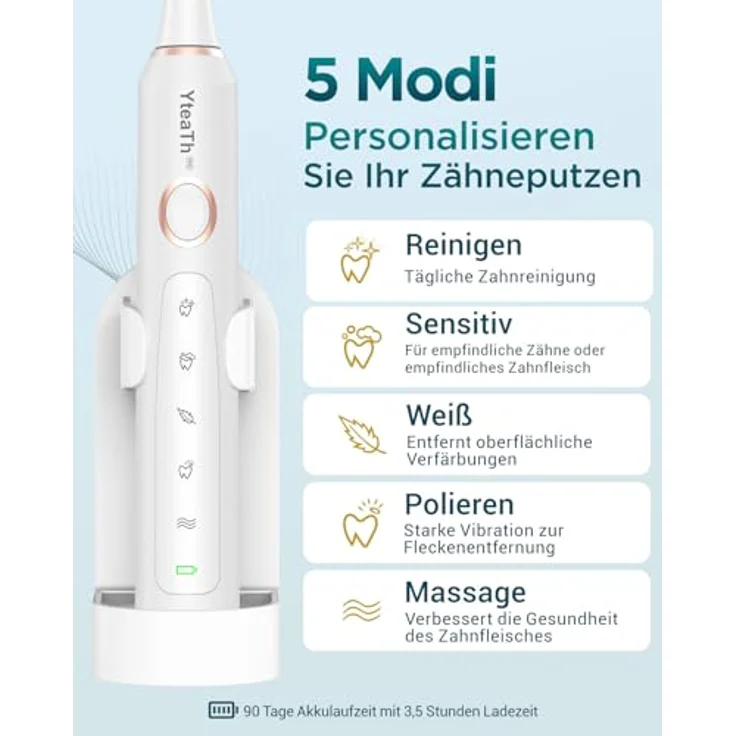 YTEATH PRO Elektrische Schallzahnbürste, 8 Bürstenköpfe, 5 Modi, 90 Tage Akkulaufzeit, 2-Minuten-Timer, Reiseetui – Bild 5