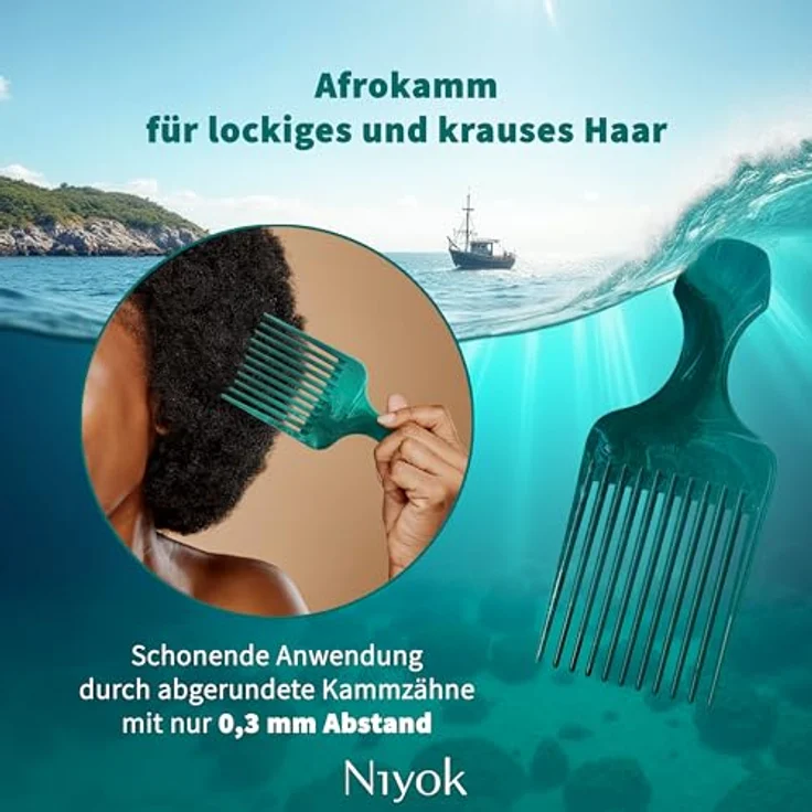 Niyok Afrokamm, 99% Recyclingkunststoff aus maritimen Seilen, stabil & schonend für lockiges und krauses Haar, Made in Germany – Bild 3