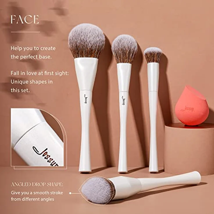 Jessup T333 Pinselset 14 Stk Makeup Pinsel mit Schwamm, Pinselreiniger und Handtuch in Perlweiß, Hochwertiges Geschenkset für Frauen – Bild 3