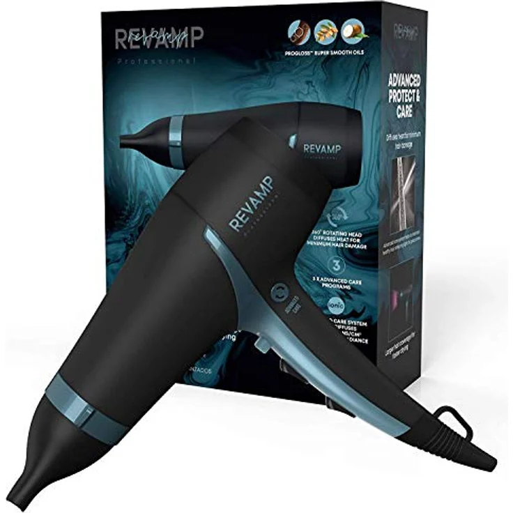 Revamp DR-4000-EU Progloss 4000 Advanced Protect & Care Haartrockner, tragbarer Profi-Föhn mit Glättungsdüse und fortschrittlichen Pflegeprogrammen, 2500W, Ionen-Technologie für glattes & frizz-freies Haar, schwarz, hellblau – Bild 2