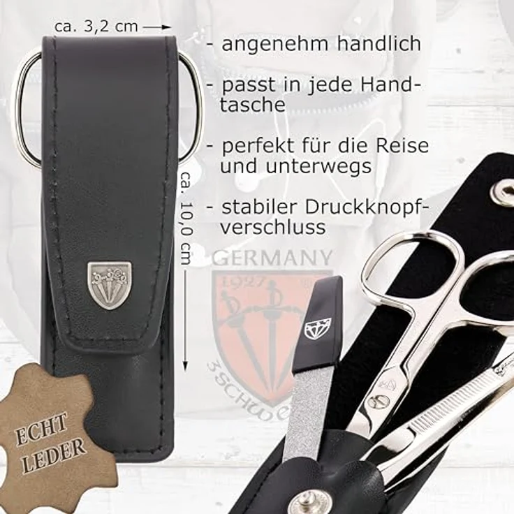 DREI SCHWERTER Nagelpflegeset 'Venezia', 3-teiliges Maniküre Pediküre Set mit Nagelschere, Pinzette und Saphirnagelfeile, Echtleder Nageletui in Schwarz, MADE IN GERMANY – Bild 4
