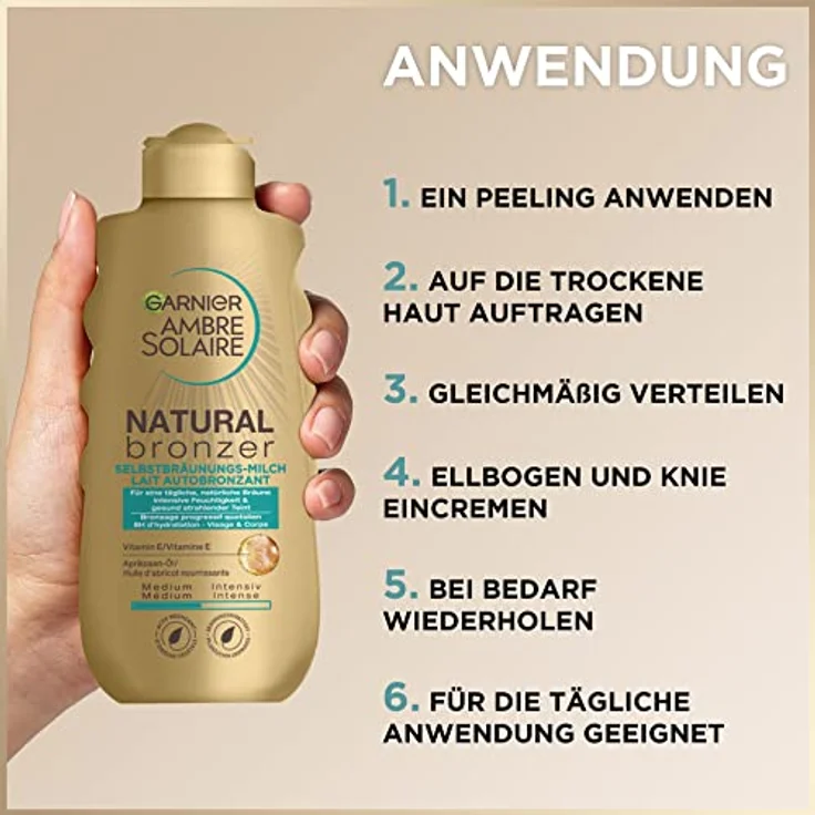 Garnier Selbstbräunungsmilch, Bronzer Lotion für eine natürliche und fleckenfreie Bräune, Ambre Solaire Natural Bronzer Milch, 1 x 200 ml – Bild 3