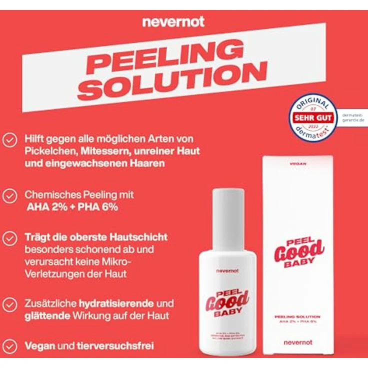 NeverNot Peeling Solution, 50 ml: Chemisches Peeling mit AHA 2% + PHA 6%, Für den ganzen Körper, Bekämpft Pickel, Mitesser und unreine Haut, Sanft und hydratisierend – Bild 2