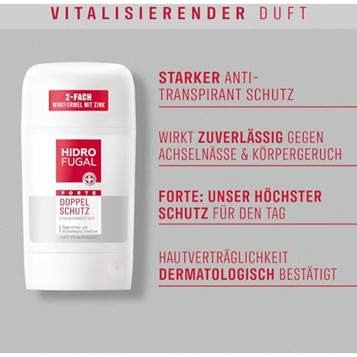 Hidrofugal FORTE DOPPEL SCHUTZ Stick, Antitranspirant gegen stress- und hitzebedingtes Schwitzen, alkoholfrei mit vitalisierendem Duft, 50 ml – Bild 2