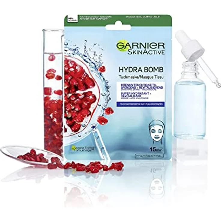 Garnier Tuchmaske, Gesichtsmaske für feuchtigkeitsbedürftige Haut, Revitalisierend und feuchtigkeitsspendend, Mit Hyaluronsäure und Granatapfel-Extrakt, Hydra Bomb, 28 g – Bild 3