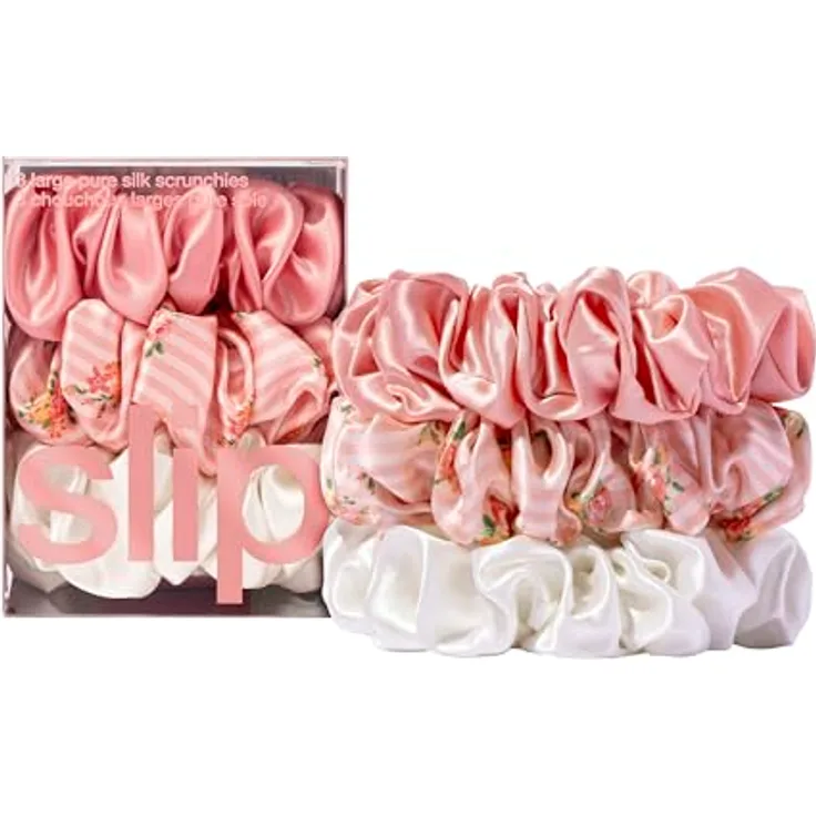 SLIP Slip Silk 100% Maulbeerseide Haargummi Set - Schonende Zopfgummis gegen Haarbruch, 3 Scrunchies - Rosa, Weiß, Petal