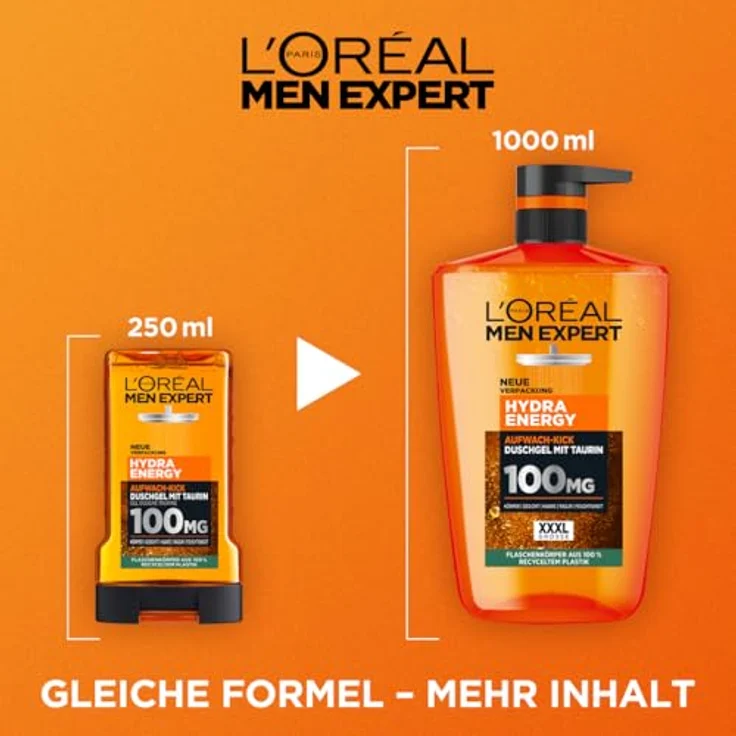 L'Oréal Men Expert Hydra Energy Duschgel und Shampoo für Männer, 1 x 1000 ml, holzig-frischer Duft, belebende Formel mit Taurin, recyceltes Plastik – Bild 3