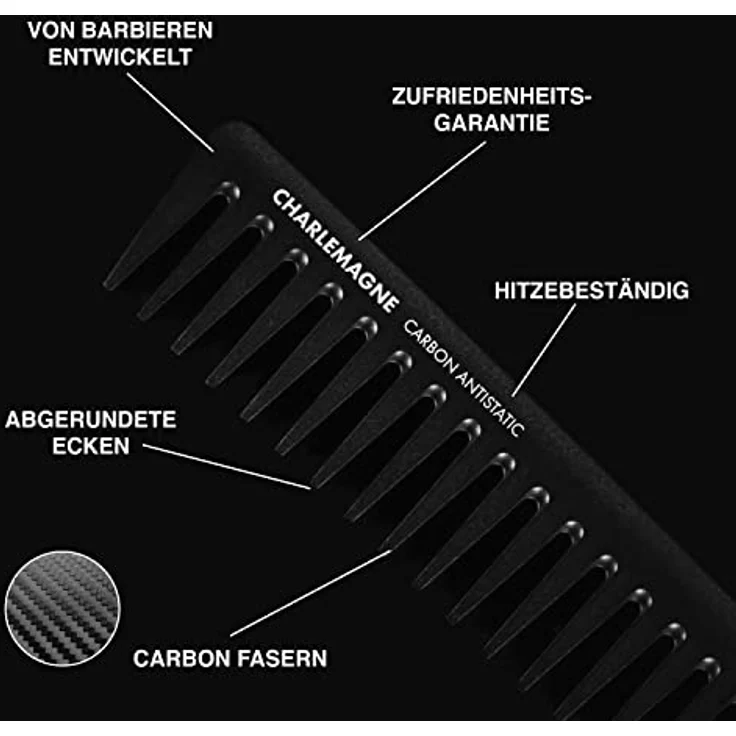 Charlemagne Carbon-Haarkamm, 19 cm Breitzahn, antistatischer Lockenkamm für müheloses Entwirren und präzises Bart Styling – Bild 4