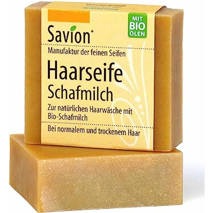 Savion Naturseife für Haare | Schafmilch & Bio-Öle | Trockene Kopfhaut, für normales und trockenes Haar, Palmölfrei, BIO, 85g