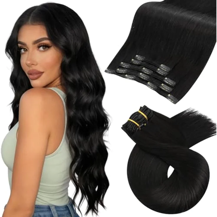 Moresoo Clip in Extensions Echthaar #1B, Natürliches Schwarz, 35 cm, 80 g, 5 Stück, Glattes Haar, Langlebig und Einfach zu Tragen – Bild 1