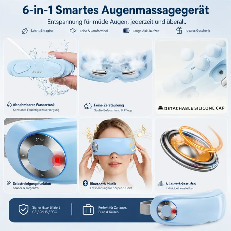ibettertec Elektrisches Augenmassagegerät mit Vibration, Wärme, Wassernebel, 4 Modi, 1200mAh Akku, Bluetooth-Musik, ergonomisches Design, blau