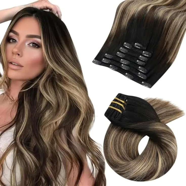 Moresoo Clip in Extensions Echthaar 60 cm, Schwarz Balayage (#1B/3/27), 120g, 7pcs Clips für Langes Haar, Glatt und Seidig