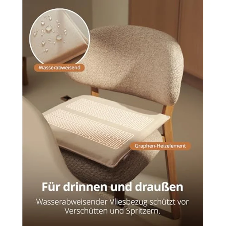 Duux Mellow Beheiztes Sitzkissen, kabellos, 3 Heizstufen, 10.000mAh Akku, wasserabweisend, waschbar, Memory Foam, 40x40 cm, beige – Bild 2