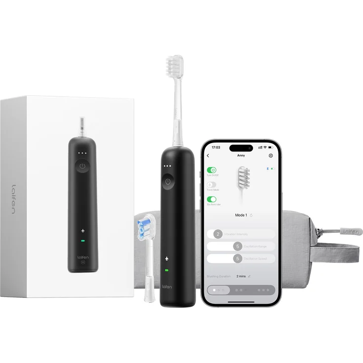 Laifen Wave Spezial Elektrische Zahnbürste, Schwarz mit 2 Bürstenköpfen, 3 Modi, USB-C Ladefunktion und Reisetasche