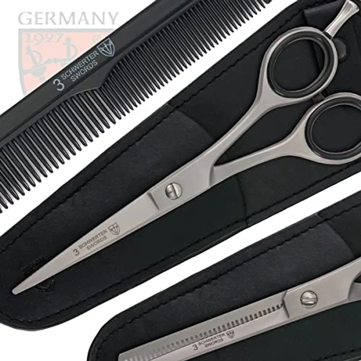 DREI SCHWERTER Haarscheren Set, rostfreie Haarschere und Effilierschere 6 Zoll mit Kamm, matte Optik, inkl. Reinigungstuch und Etui – Bild 4