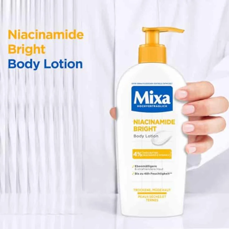 Mixa feuchtigkeitsspendende Bodylotion Niacinamide Bright, hypoallergen, geeignet für Gesicht, Körper & Hände, 250 ml – Bild 2