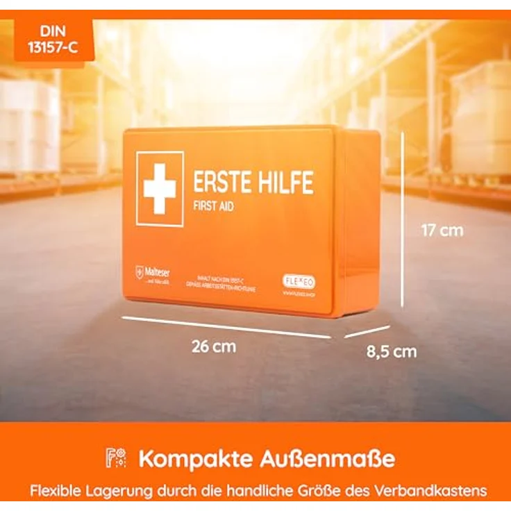 FLEXEO Erste-Hilfe-Koffer DIN 13157, Betriebsverbandkasten mit Wandhalterung, bruchsicher, orange – Bild 2
